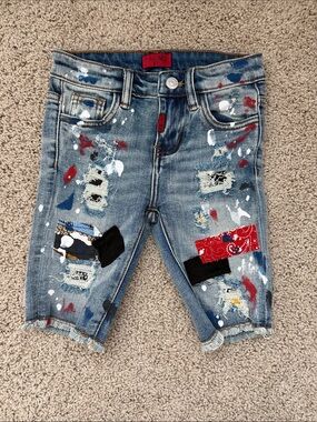 Haus of JR Kids Distressed Denim Shorts with Patch & Paint Details - Blue